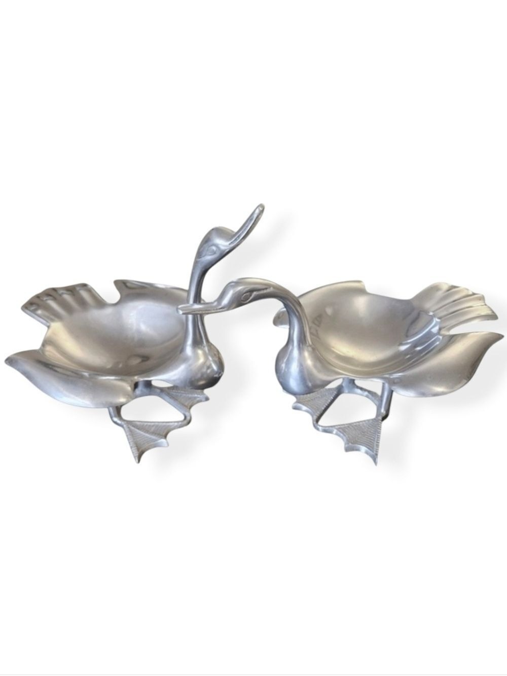Vintage Pair of Silver-Tone Cast Aluminum Goose/Duck/Swan Trinket Bowls